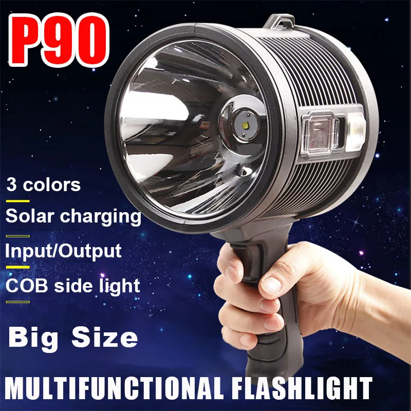 P90 Most Powerful Spotlight Solar Charging LED Lamp Handheld Super Bright Outdoor Hunting Camping Light 6 Modes Searchlight