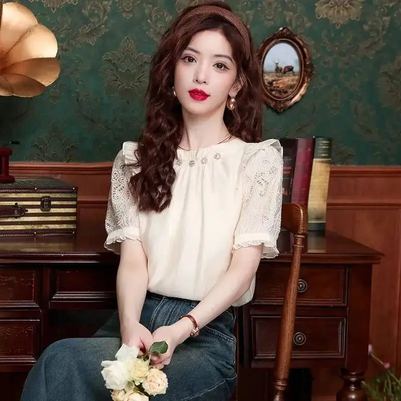 

Винтажный кружевной топ с короткими рукавами и вышивкой для женщин