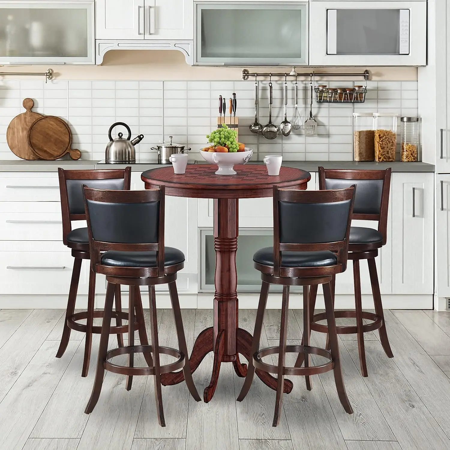 5 Pcs Dining Table Set, Wooden Pub Pedestal Side Table with Stable Base, 360 Degrees Swivel Bar Stool, Round Bar, Customized