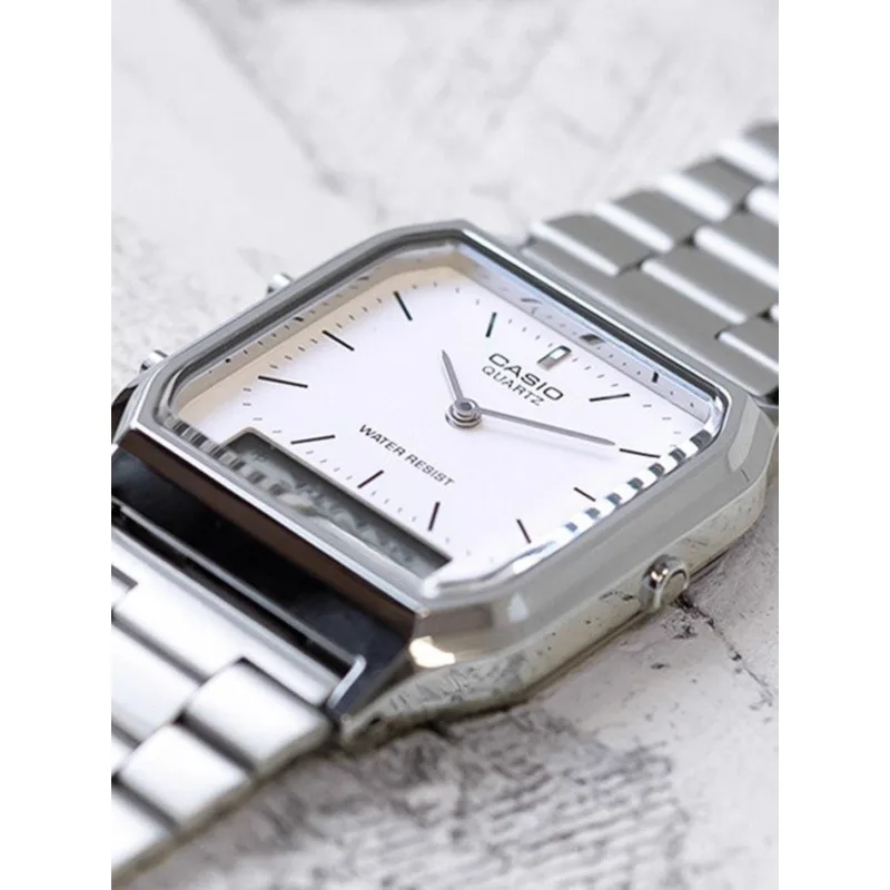 ساعات كاسيو بسوار فولاذي للرجال بشاشة عرض مزدوجة وساعات كوارتز كلاسيكية مربعة مقاومة للماء