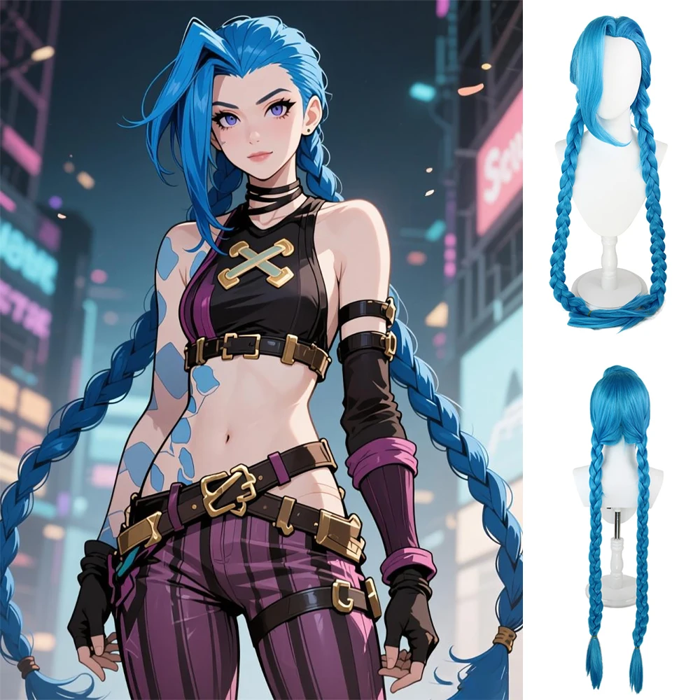 مزدوج مدينة معركة Jinx تأثيري مركب الشعر 46 بوصة الأزرق مزدوجة الضفائر هالوين كرنفال أنيمي لعبة Lol البرية فتاة شعر مستعار