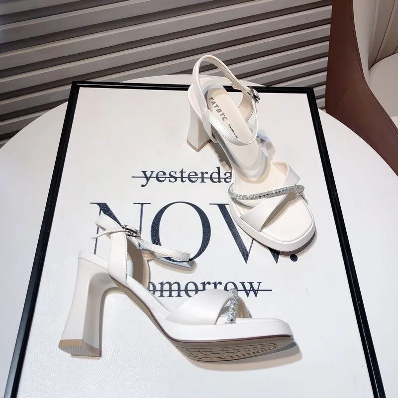 French One-line Rhinestone Square Toe Open-toe Block Heel Sandals Beautiful Platform High Heels for Women 2026 New