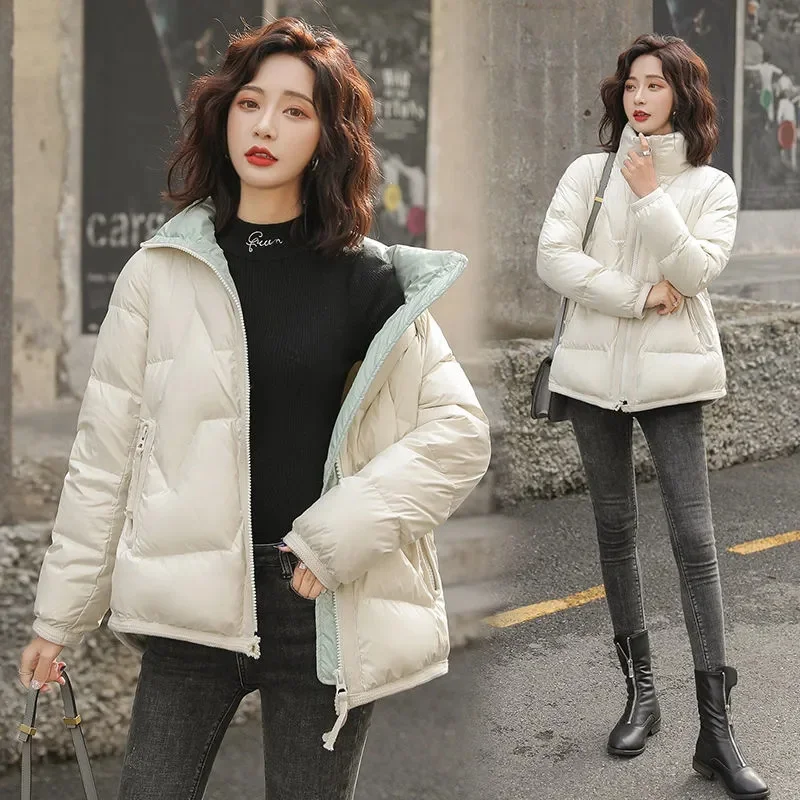 Lady Long Sleeves Zipper Parkas Outwear Korean Female Stand Collar Cotton Padded Coat 2024 Women Splicing Together Puffer Jacket