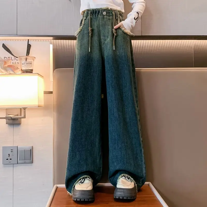 

Осень 202, новые винтажные широкие джинсы с эффектом омбре для девочек — мягкая джинсовая одежда премиум-класса, модная повседневная студенческая одежда