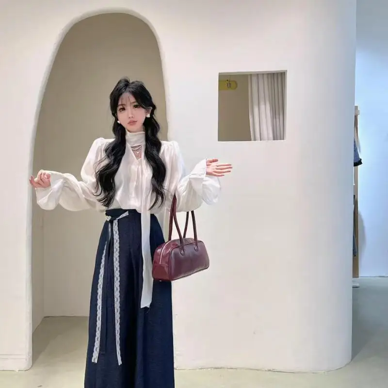 

Женский комплект из двух предметов, элегантная белая рубашка с v-образным вырезом на шнуровке, блузки, модные синие брюки с высокой талией и широкими штанинами полной длины, женские комплекты