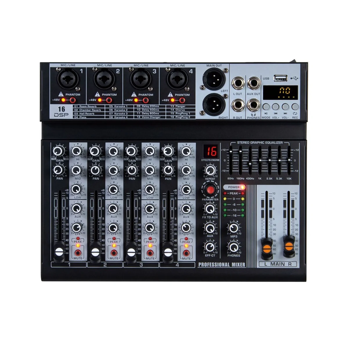 

4 Channel Audio Mixer Digital Mixer Sound Card Microphone Live Broadcast Computer Recording DJ Audio Equipment US Plug