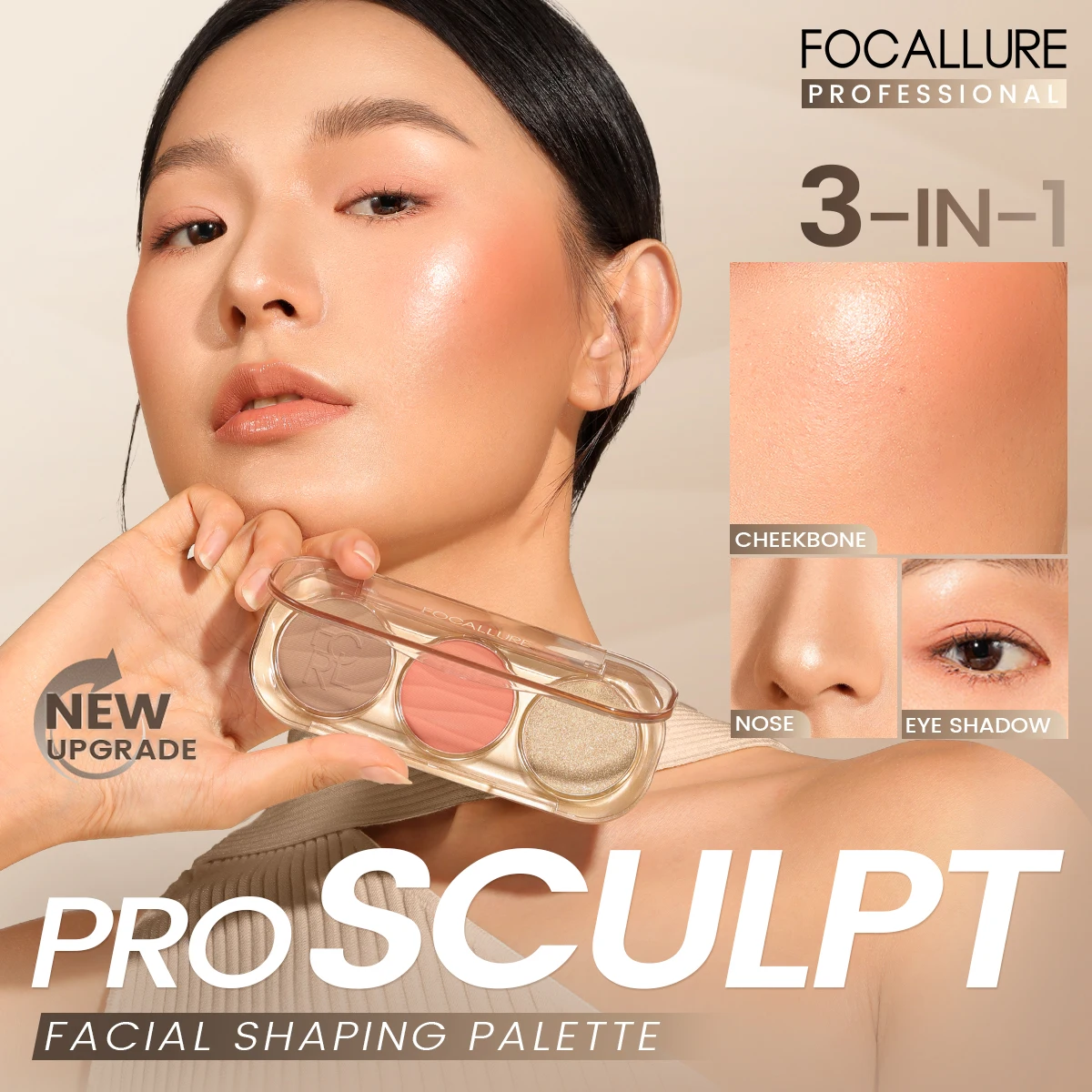 FOCALLURE 3 In 1 Pearlescent Highlighter Contour Blush Palette Multi-Use 3D Matte Face Contour Blusher Makeup Powder Cosmetics