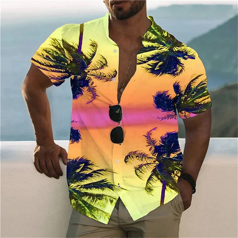 

Men's Coconut Tree 3D Printed Stand up Collar Button Shirt Fashion Hawaii Sunshine Beach Short Sleeve High Quality Men's Wear