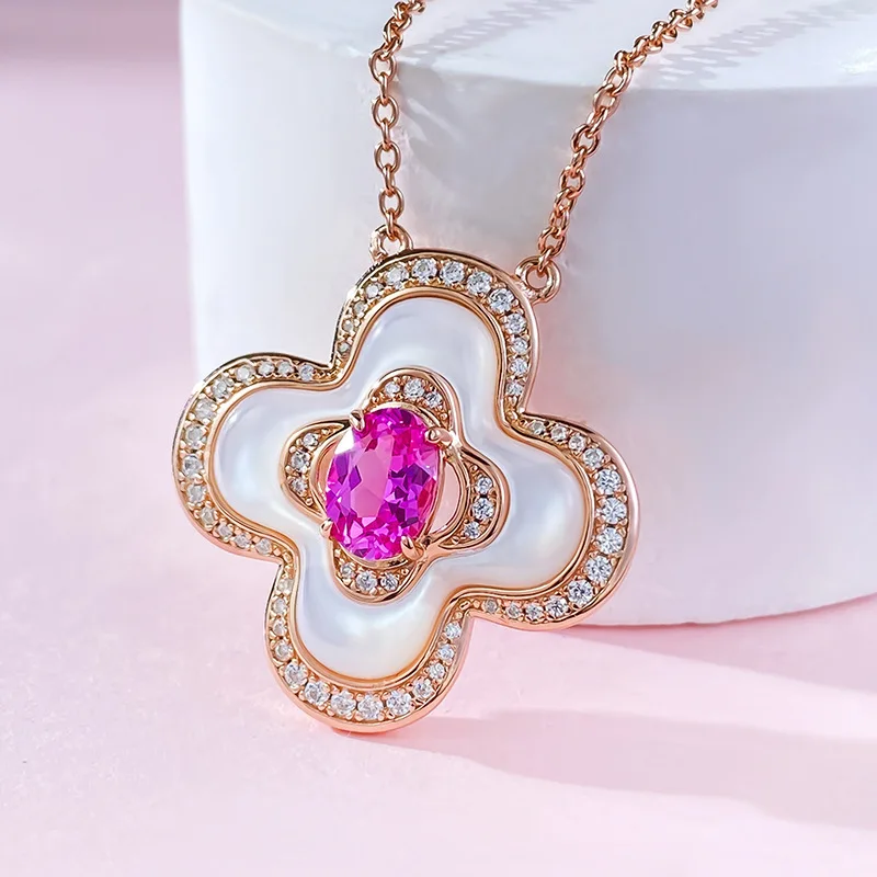 

S925 Silver Clover 5 * 7 Pink Fritillaria Necklace Fashion Versatile Temperament Women's Pendant Small and Versatile