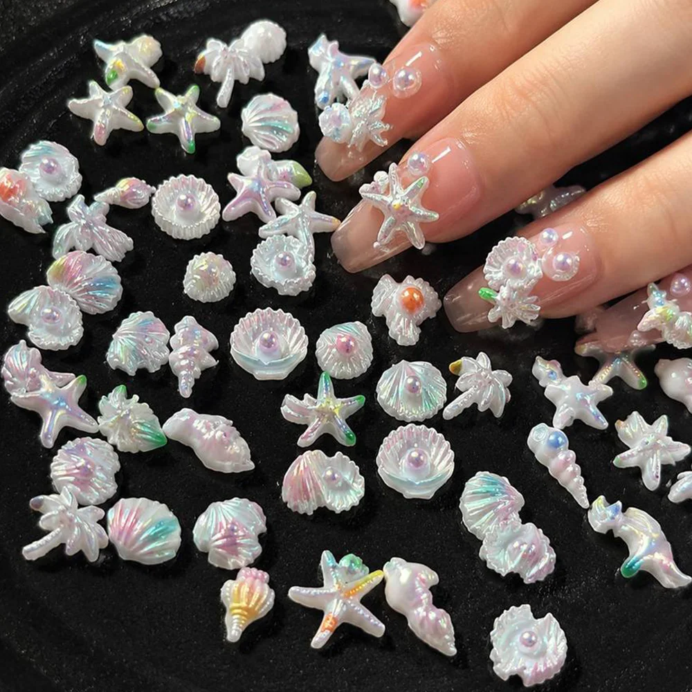 50Pcs Amazing Aurora Sea Shells Nail Charms Assorted Iridescent Sparkling Ocean Wave Nail Decor Adorable Underwater Nail Supplie