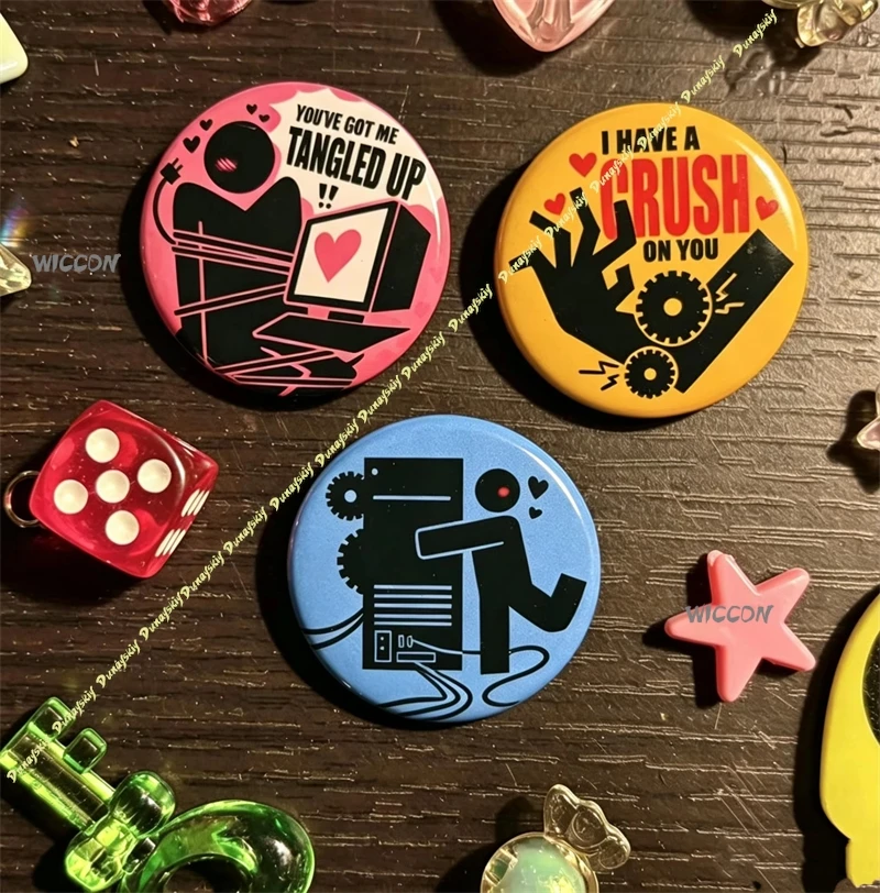 Objectum Robot Lover Badges Button Pin Set Romantic Stick‑Figure Tinplate Brooches Cosplay Costume Accessories Halloween Party