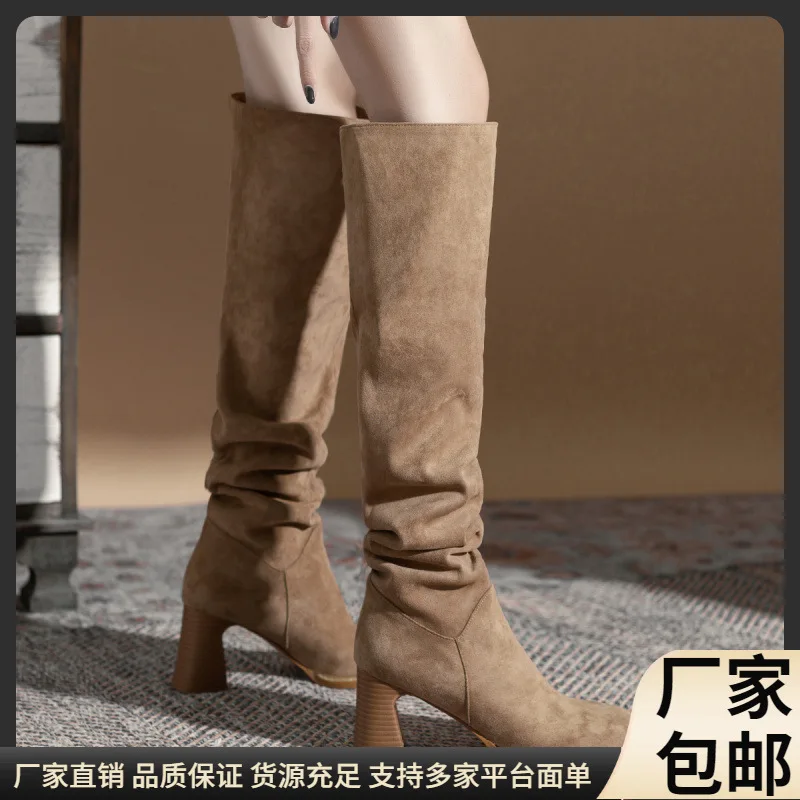 

Winter Hot-Selling Fleece-Lined Petite Long Tube Slouch Boots High Heel Boots Women Versatile Over-the-Knee Long Boots Round Toe