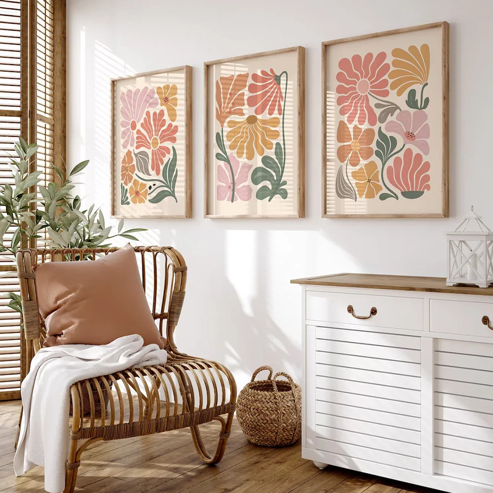 Set of 3 Boho Abstract Botanical Floral Art Poster Canvas Print Flower Market Vintage Painting Minimalist Wall Decor Picture
