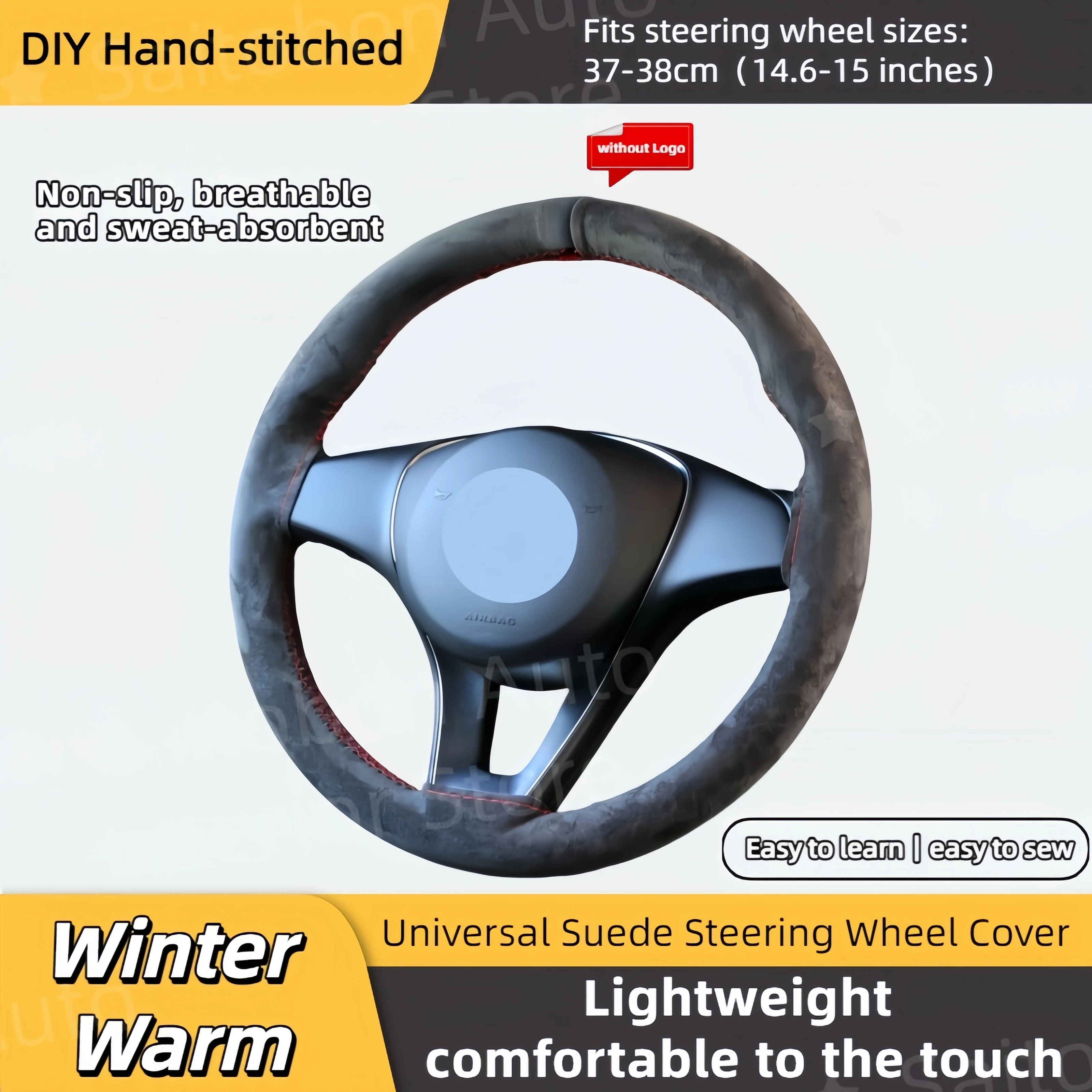 Fits 37-38cm Universal Suede Car Steering Wheel Cover Without Logo , DIY Hand Sew Soft Leather Winter Warm Steering Wheel Cover