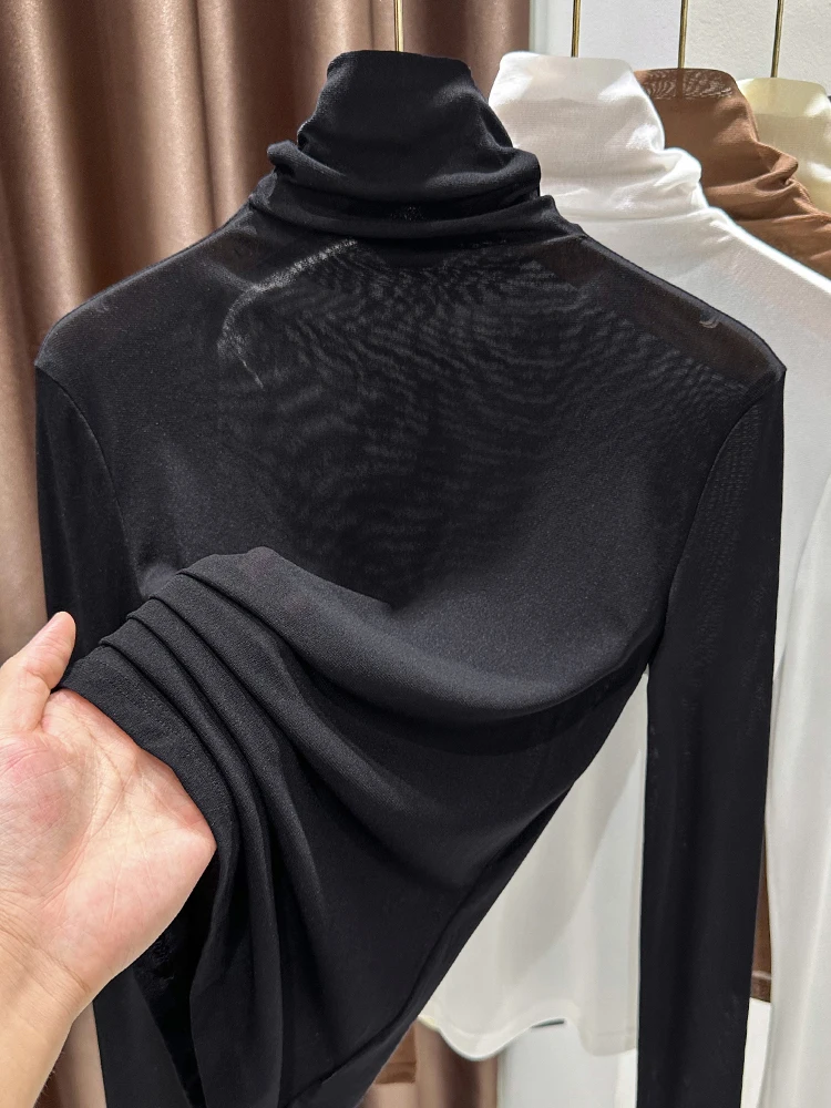 

Slim Fit Long Sve High Collar Me Base irt Women's Inner Wear Bla Lace Hollow out Design Autumn Winter New Sle Top