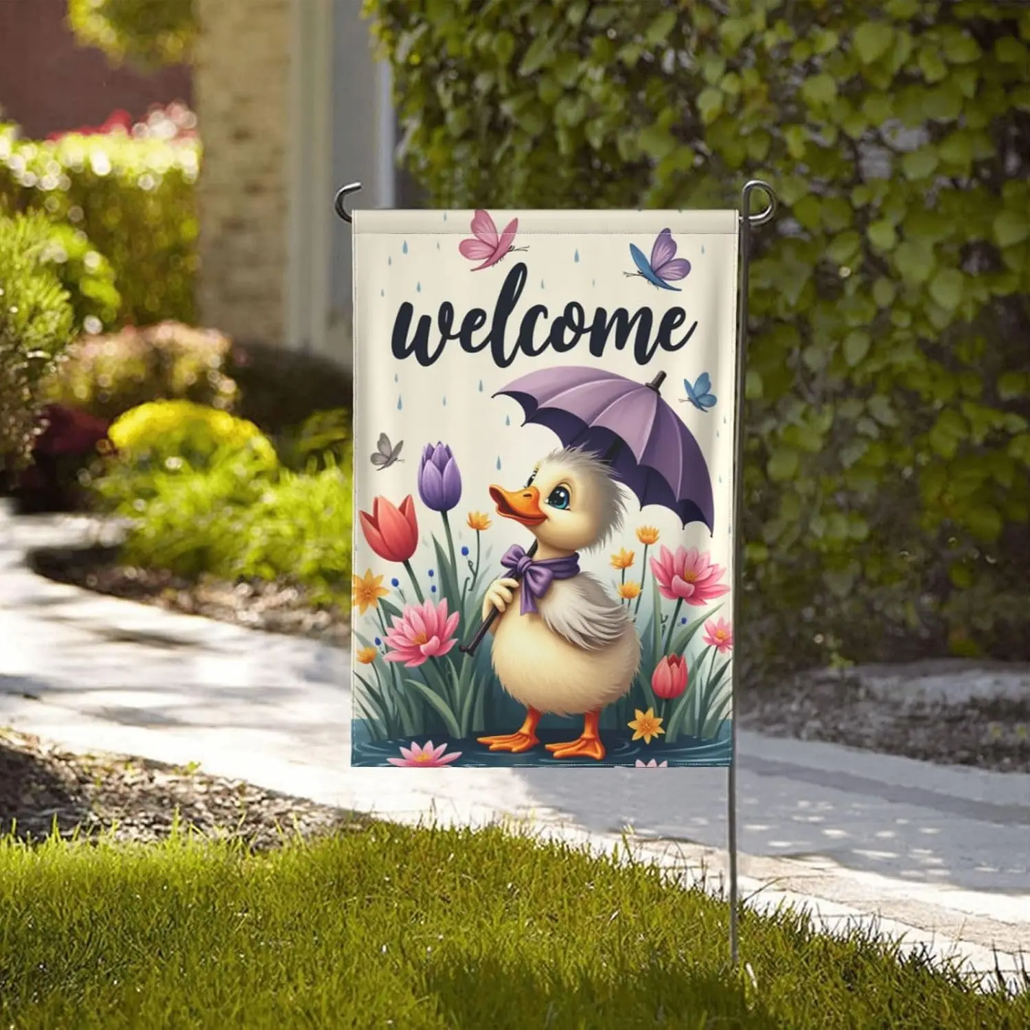 Welcome Spring Duckling Garden Flag 12X18 Inch Double Sided Outdoor Yard Lawn Patio Decor Cute Duck with Umbrella Flowers Se ZZM