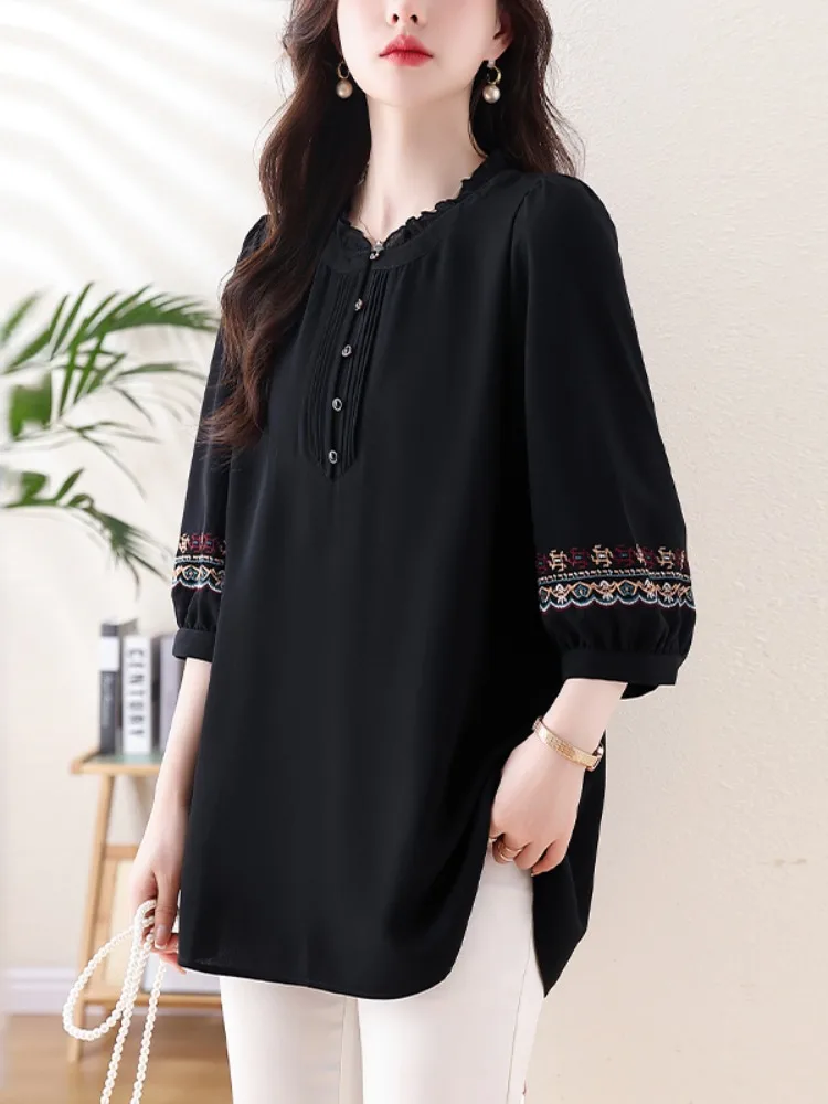 Ele geborduurde losse moeder irt zomer nieuwe Sle Koreaanse versie polyestervezel Seven Sve rond Ne halflange chiffon...