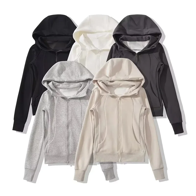 2024 American INS Sports Double Zipper High Neck Hooded Sweatshirt Women's Solid Color Slim Fit Long Sleeved Cardigan Jacket