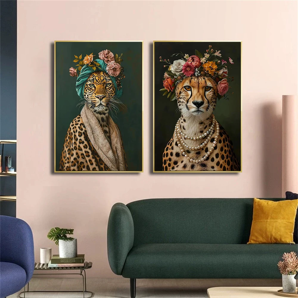 Vintage Anthropomorphic Animal Canvas Wall Art Leopard Cat Duck Owl With Flower Crown Portrait Posters Prints Nordic Home Decor
