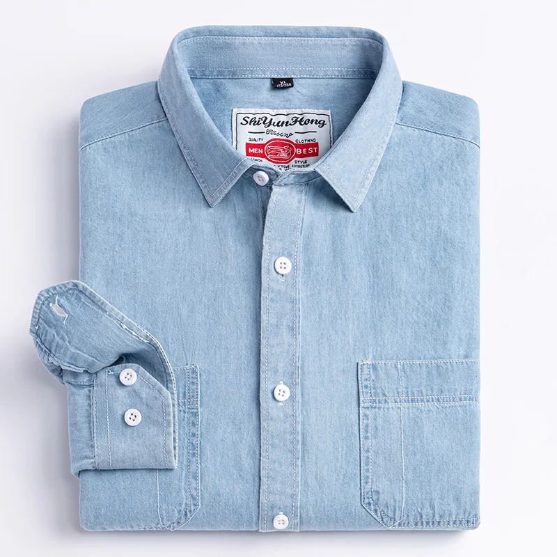 New men\'s long-sleeved shirt 100% cotton denim spring/summer casual non-ironing high quality breathable plus size solid color