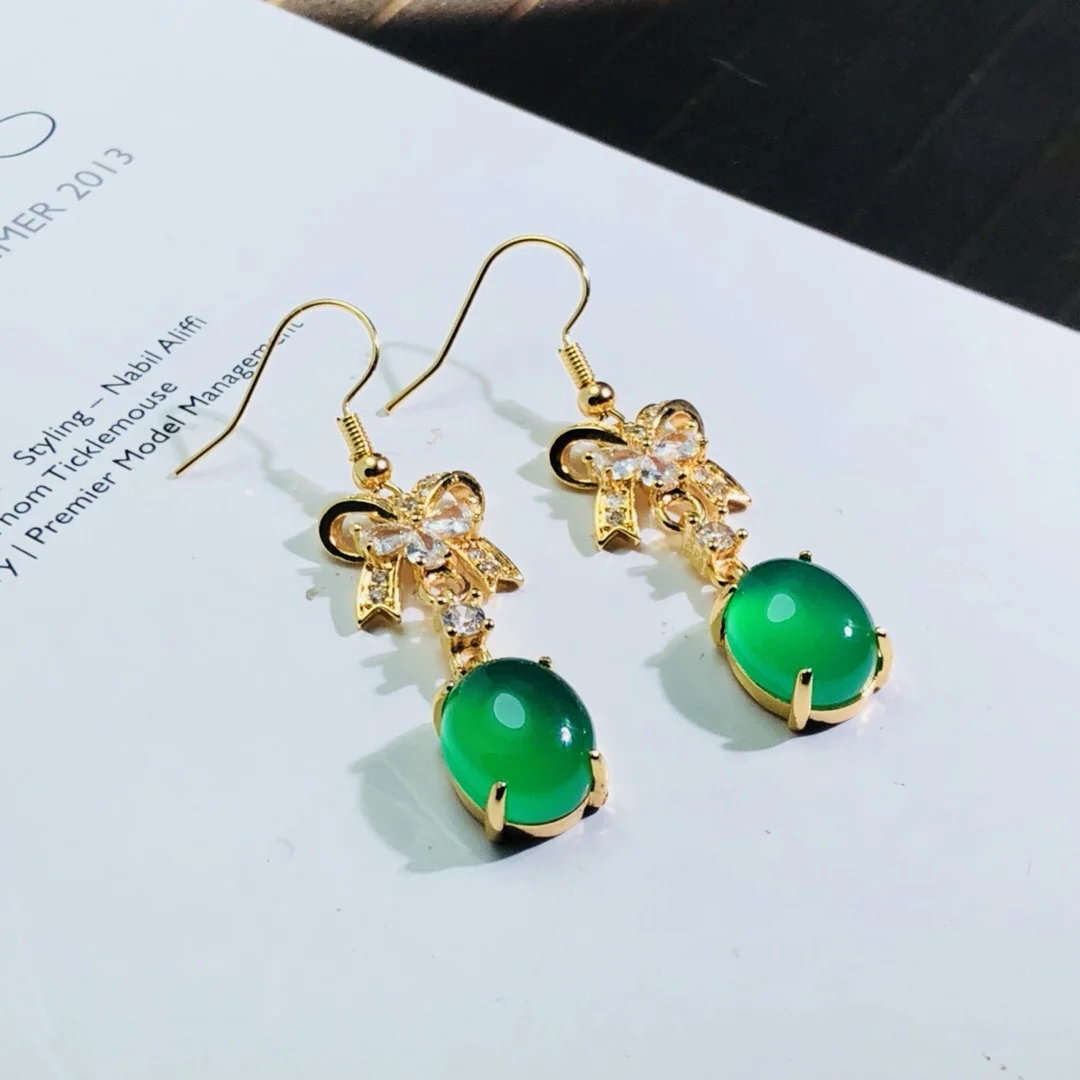 

Fine Emerald Agate Chalcedony 925 Sterling Silver Rose Gold Palace Style Earrings Jewelry Lucky Jade Stone Ear Decoration Crafts