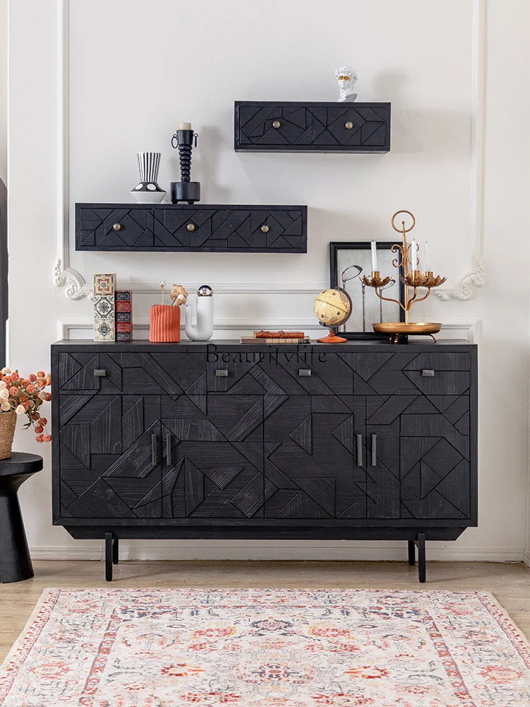 

French Style Sideboard Cabinet Solid Wood Retro Black Living Room Wall High-Grade Three-Dimensional Relief Locker