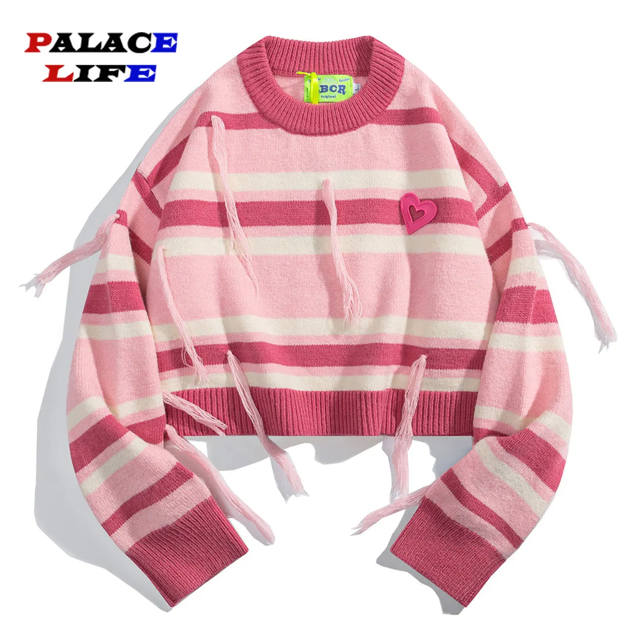 Harajuku Pullover Short Sweater Women Oversized Striped Tassel  Knitted Sweater O Neck Casual Women Long Sleeves Tops 2022