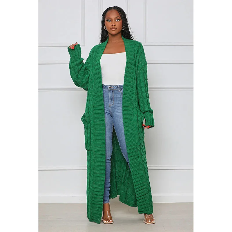 Kintted Cardigan Women Long Jacket Autumn Spring Green Crochet Loose Long Sleeve Winter Sweater 2023 Warm Jumper Coat Cardigans