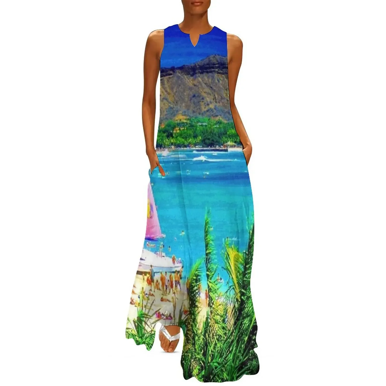 

WAIKIKI HAWAII: Vintage Diamond Head Resort Travel Advertising Print Long Dress prom clothes summer clothes for women Dress
