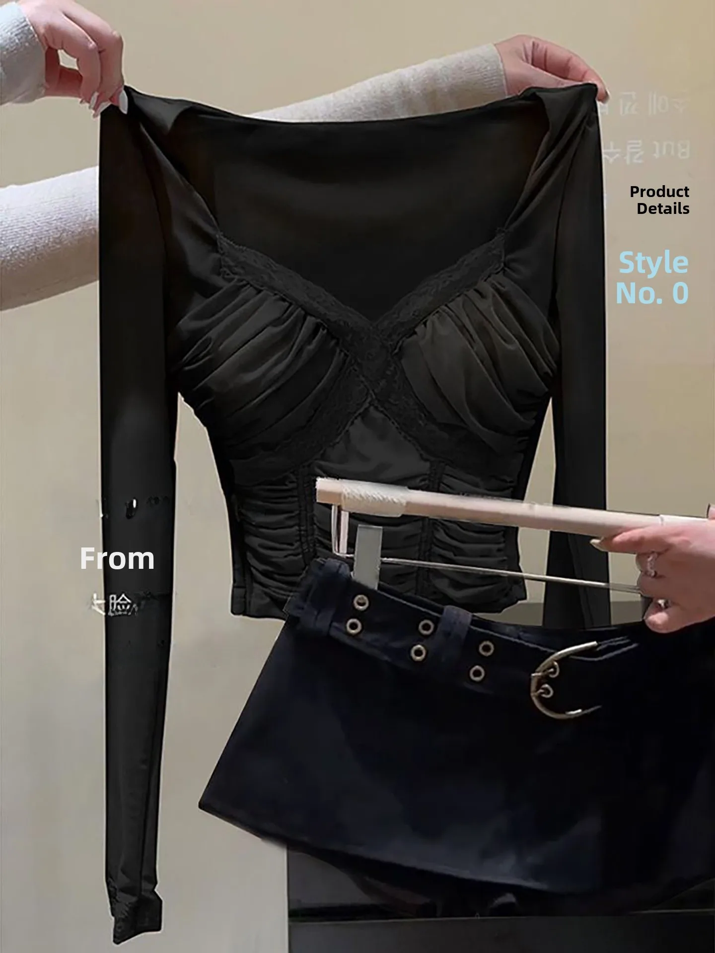 

Новый модный костюм-двойка из черного кружева с V-образным вырезом для женщин, коллекция 2025 года, для офиса и повседневной носки, осенний сезон