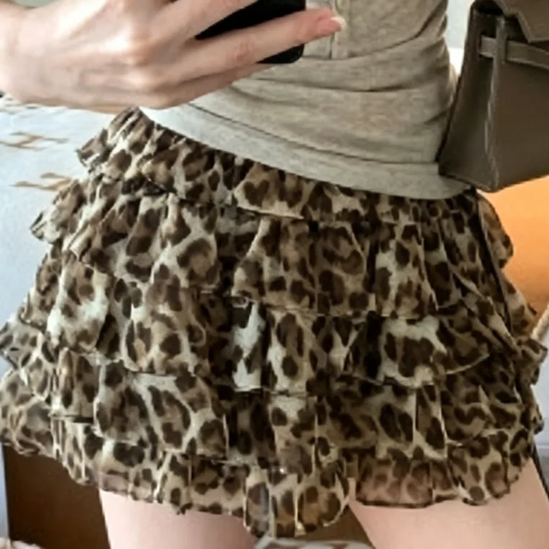 Korean Leopard Print Ruffled beautiful High Waisted Cake Skirt Casual clothing 2026 Spring Summer New Fashion Item WTF4M