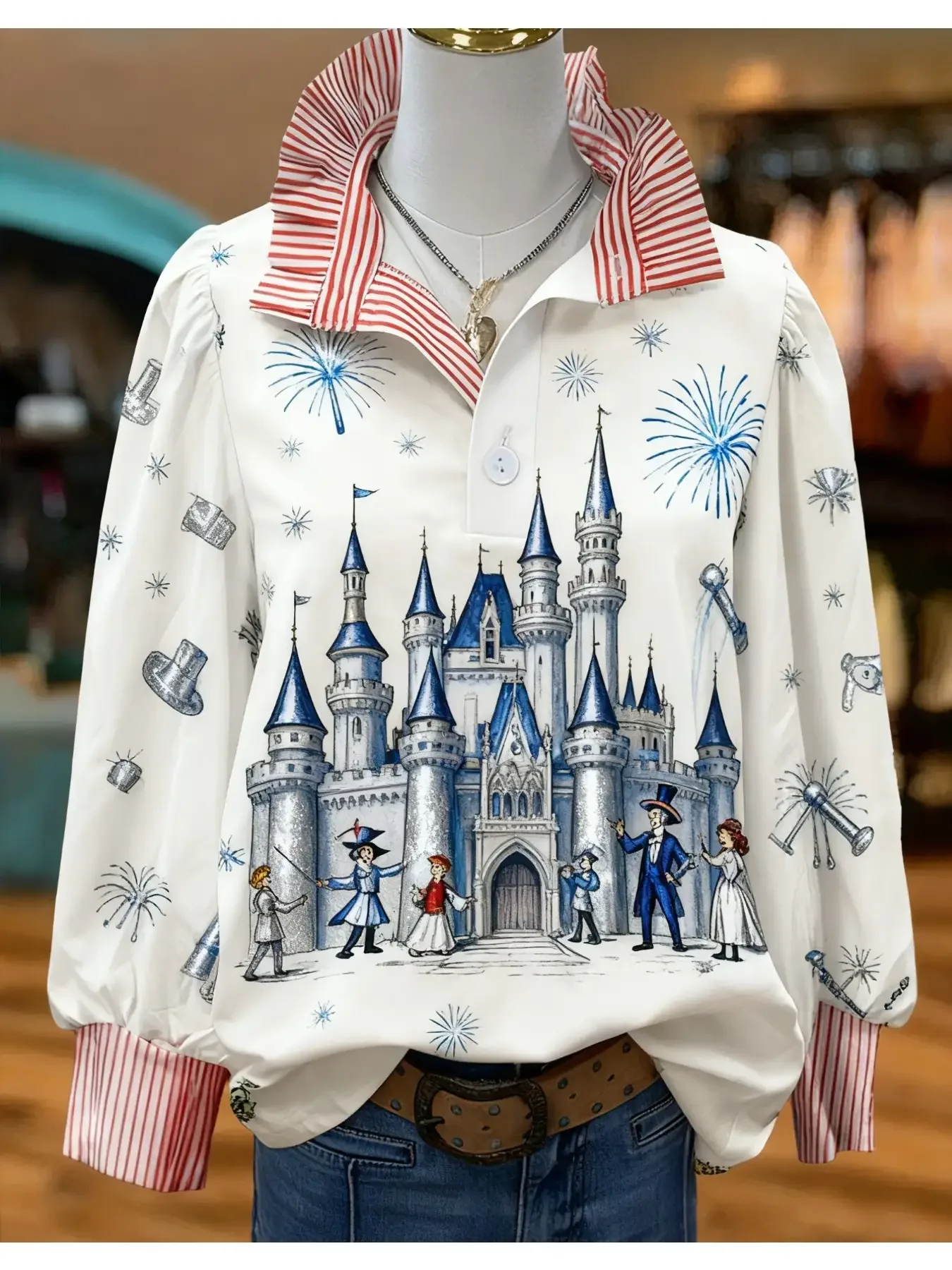Women's striped fashionable shirt with multi-color striped collar and half button shirt pattern,Beautiful Castle Pattern