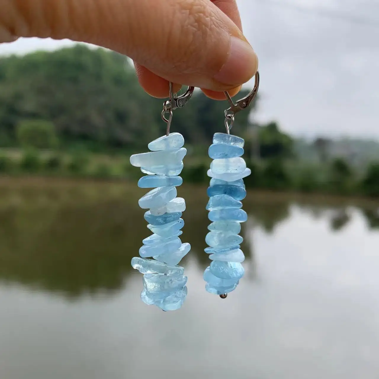 HEYYA STONE Irregular Natural Aquamarine Hoop Earrings 925 Silver Simple Classic Round Circle Gemstone Jewelry