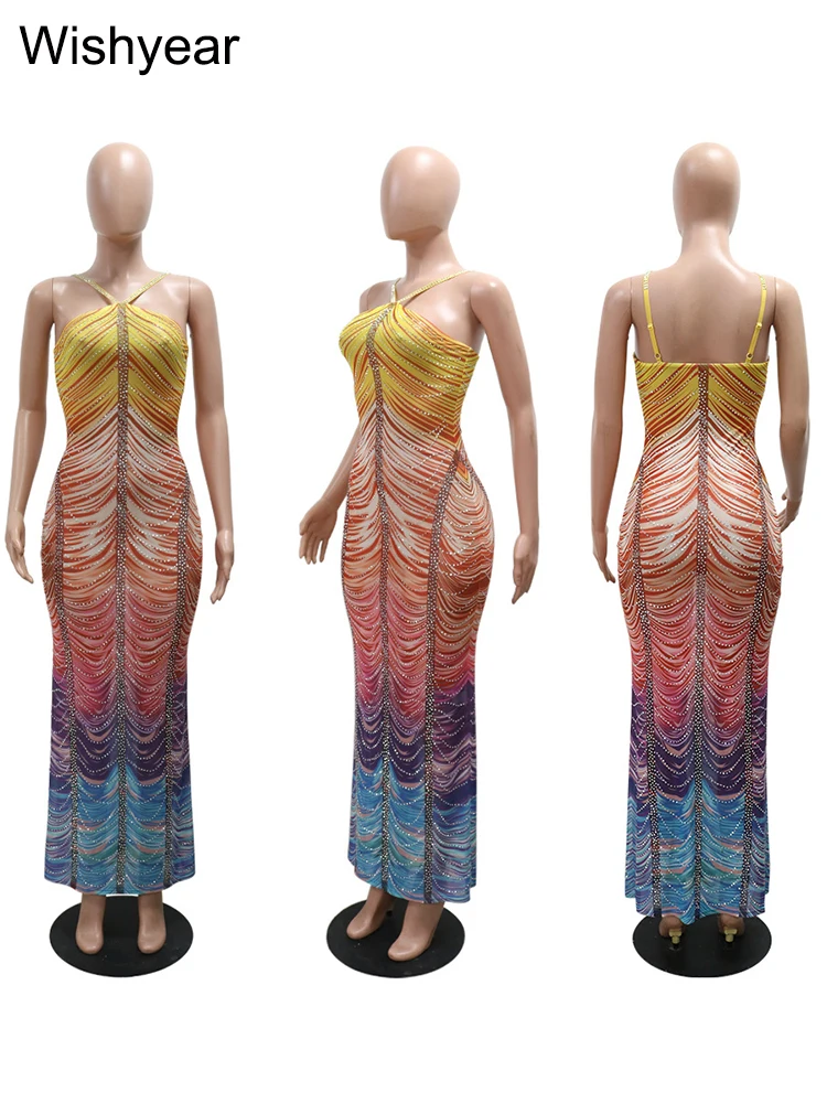 New Gradient Rhinestone Tie Dye Print Halter Mermaid Long Dresses Women Backless Sleeveless Slim Birthday Party Prom Vestidos