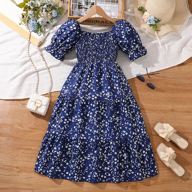 2025 New Arrival Girls Short Sleeve Ruffles Print Floral Dark Blue Roupa Infantil Menina Cute Party Dress Custume 8-12T