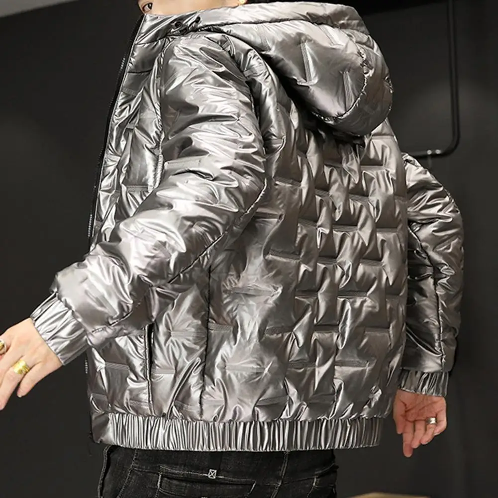 Streetwear Fashion Bright Silver Puffer Jackets for Men Thicken Winter Mens Coats Casual Hooded Cotton Wadded Heated Jacket Men