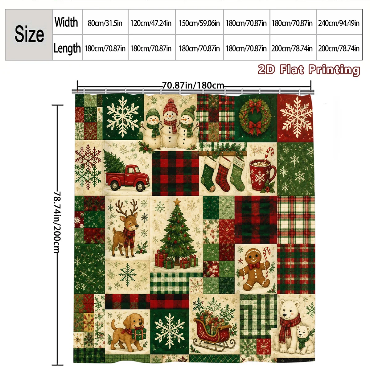 2D Flat, 1pc 2D Flat Vintage Christmas Patchwork Shower Curtain, Bathroom Decor, Multi-Size Options (31.5x70.87inch, 47.24x70.87inch, 59.06x70.87inch, 70.87x70.87inch, 70.87x78.74inch, 94.49x78.74inch) Includes Hooks, Bathroom Accessories