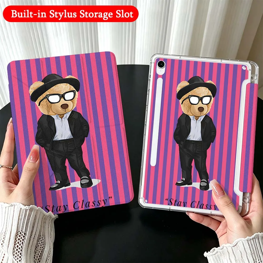Cartoon Bear Suit Glasses For Samsung Galaxy Tab A9 A8 A11 S6 S7 S8 S9 S10 FE Plus Lite Transparent Y-Shaped Folding Tablet Case