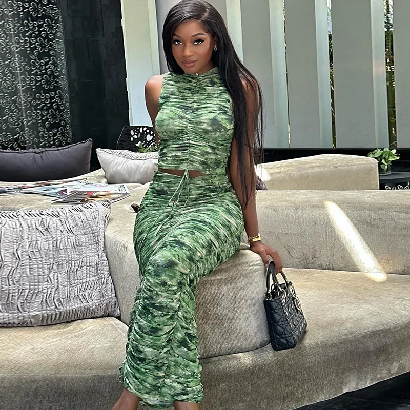 

CPSYMYM Green Two Piece Skirt Sets Sexy Outfits Women Printed Sleeveless Drawstring Tops + Pleated Bodycon Skirts Suit Clubwear