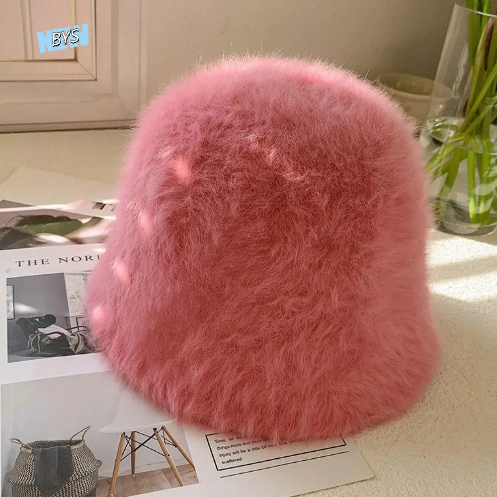 

Casual Fashion Women Bucket Hat Cap Imitation Rabbit Fur Plush Fisherman Hat Warm Temperament Winter Basin Hat Autumn And Winter