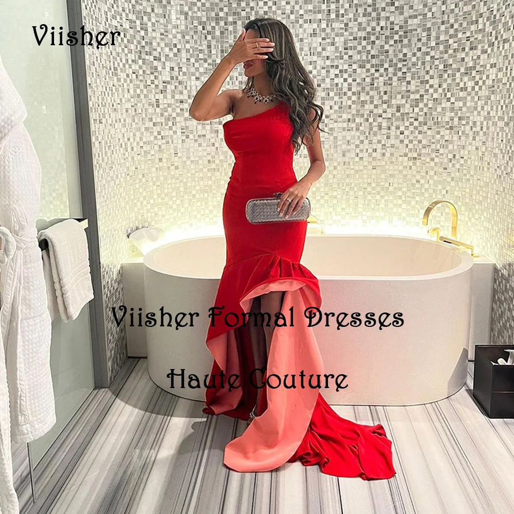 

Red Satin Mermaid Evening Dresses for Women One Shoulder Satin Prom Dress with Slit Train Long Arabic Dubai Formal Gowns