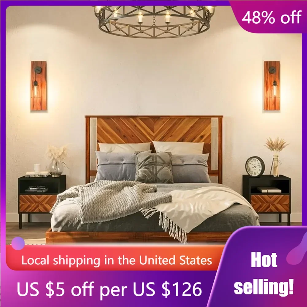 

14 Inch Deluxe Bed Frame With Headboard No Box Spring Needed Easy Assembly Double Bed Base Queen Rustic Golden Brown Bedframe