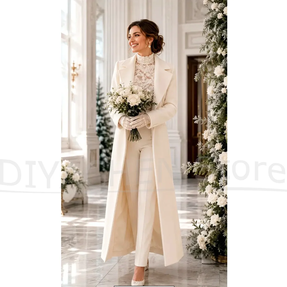 Chic Women Long Coat Suit 2 Piece Set Notch Lapel Woolen Blazer And Pants Wedding Bride Formal Evening Party Elegant Tuxedo