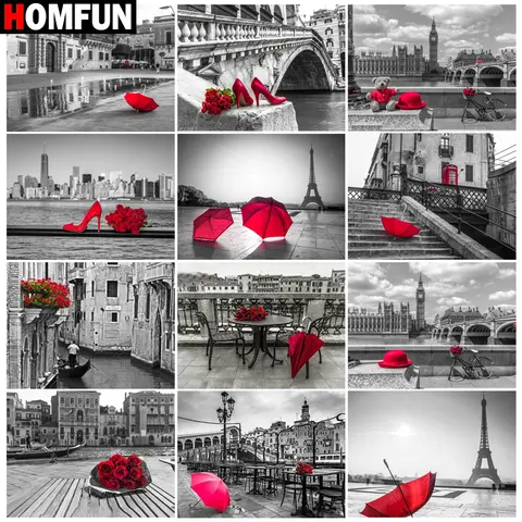 HOMFUN Square/Round Drill 5D DIY Diamond Painting "Red umbrella flower street" Embroidery Cross Stitch Full Rhinestone Decor