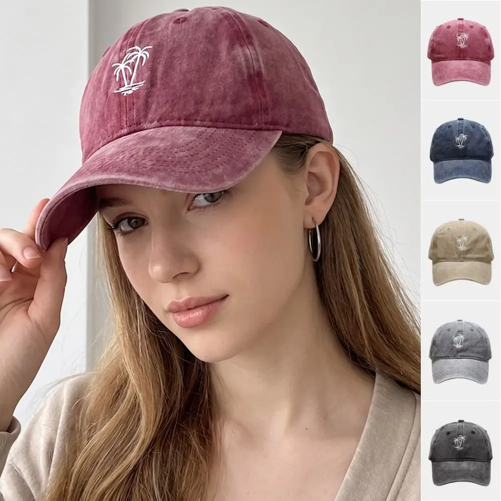 Retro Embroidered Coconut Tree Baseball Cap for Women Men Fashion Sunscreen Sun Hat Outdoor Classic Duckbill Cap