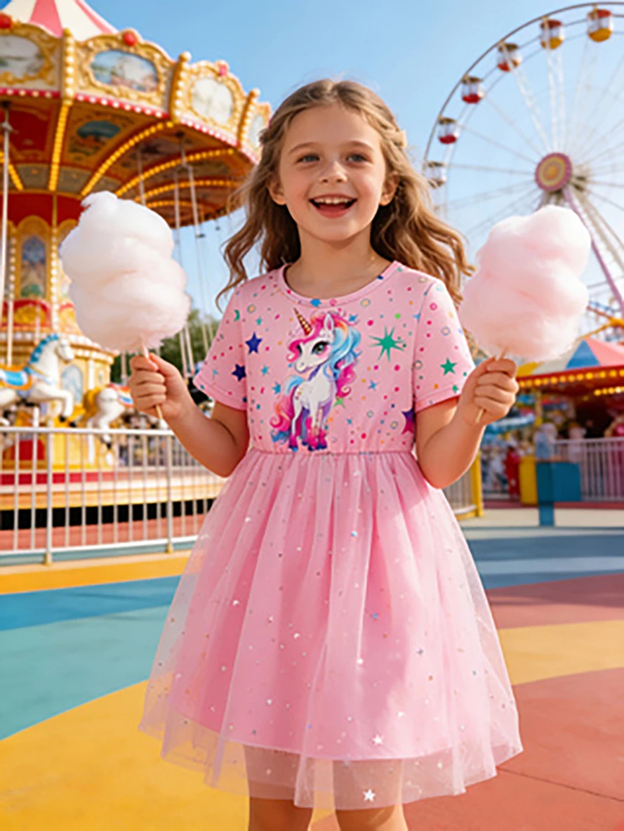 Robe de princesse en tulle rose licorne pour filles, robe tutu d'été à manches courtes, robe de fête d'anniversaire pour enfants