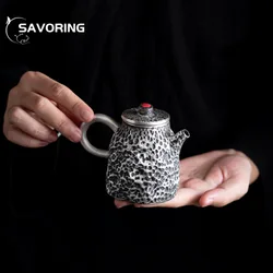 120ml Handmade Gilded Silver Black Ceramic Teapot Antique Hammer Pot Household Tea Making Kettle with Strainer Cafes Supplies
