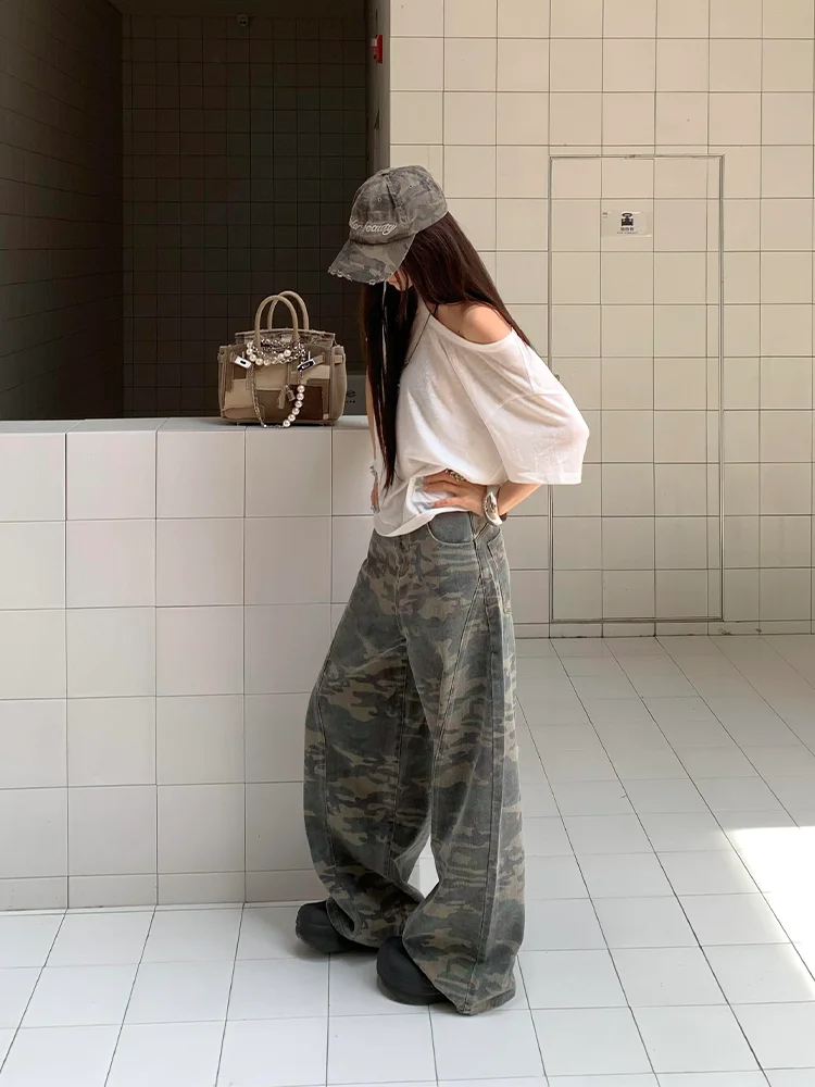 

High Waist Wide Leg Camouflage Washed American Retro Workwear Jeans Women Street Style Casual Trousers Design Sensation