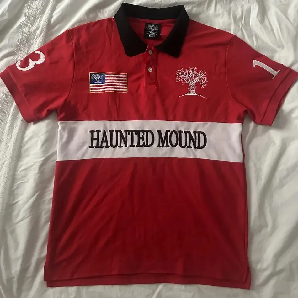

Haunted Mound Embroidered Red Polo Shirt Y2K Tshirt HipHop Retro Pumpkin Head Letter Embroidered Oversized Short Sleeve Top