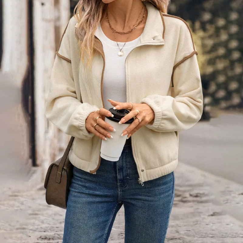 

Осень-зима 2022, новый повседневный простой стильный кардиган на молнии, контрастный цвет, воротник-стойка, флисовая куртка для женщин